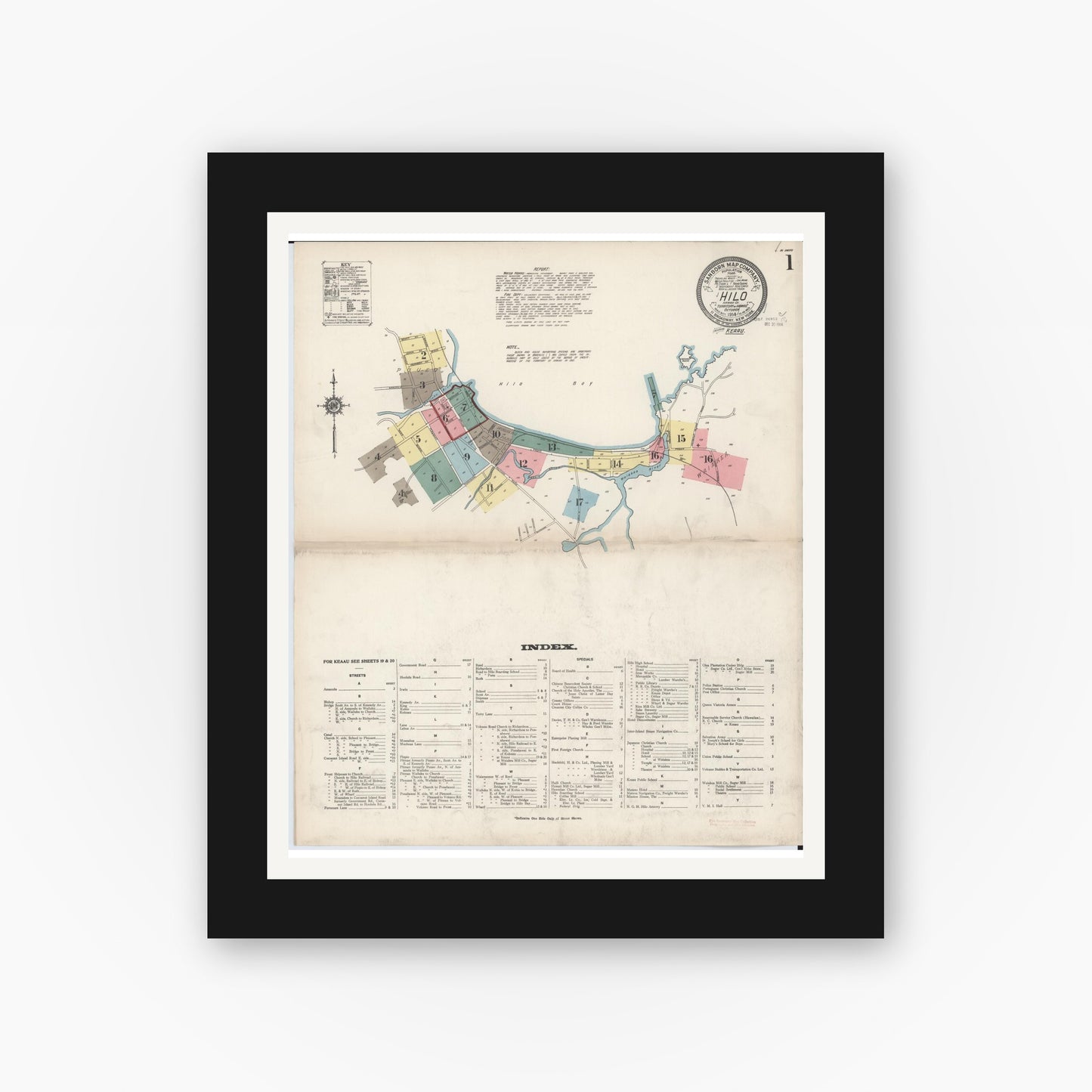 Old map wall art mockup — black gallery frame with white mat — Sanborn Fire Insurance Map from Hilo, Hawaii County, Hawaii (1914) — Complete Set