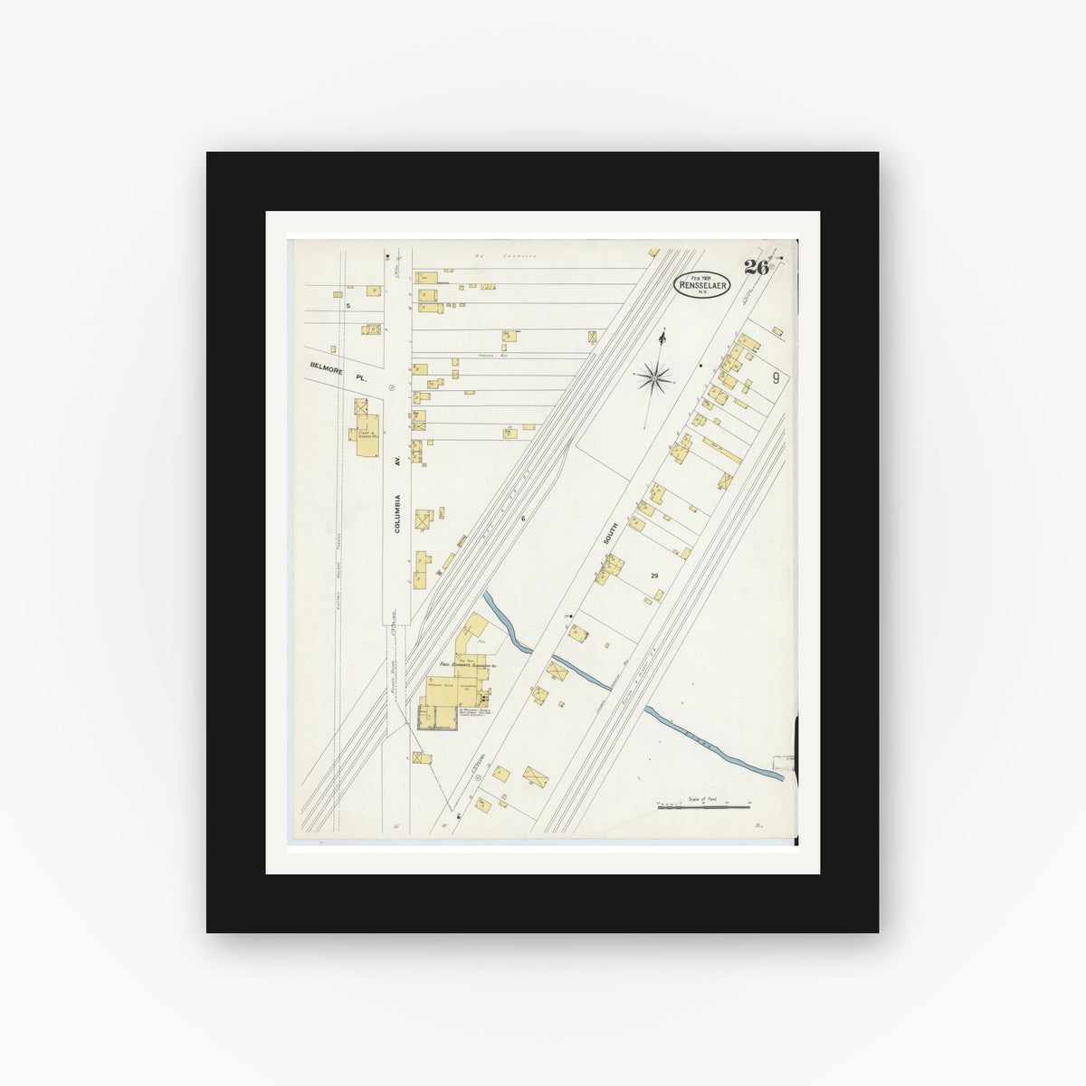 Old map wall art mockup — black gallery frame with white mat — Sanborn Fire Insurance Map from Rensselaer, Rensselaer County, New York (1909), Sheet #0026