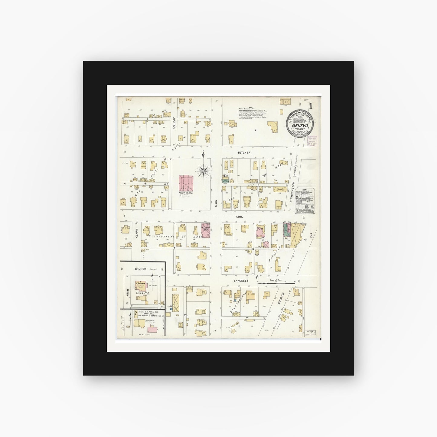 Old map wall art mockup — black gallery frame with white mat — Sanborn Fire Insurance Map from Geneva, Adams County, Indiana (1907) - Complete Map Set