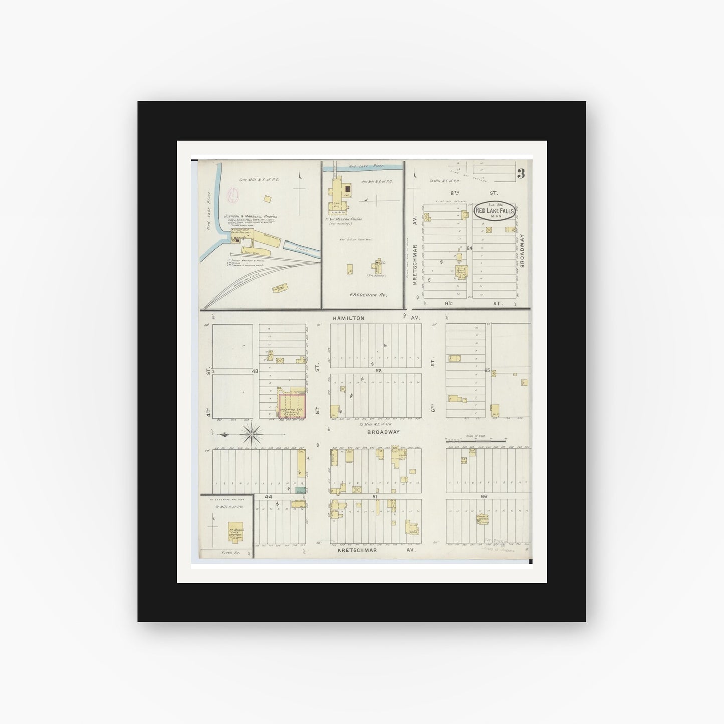 Old map wall art mockup — black gallery frame with white mat — Sanborn Fire Insurance Map from Red Lake Falls, Red Lake County, Minnesota (1894), Sheet #0003
