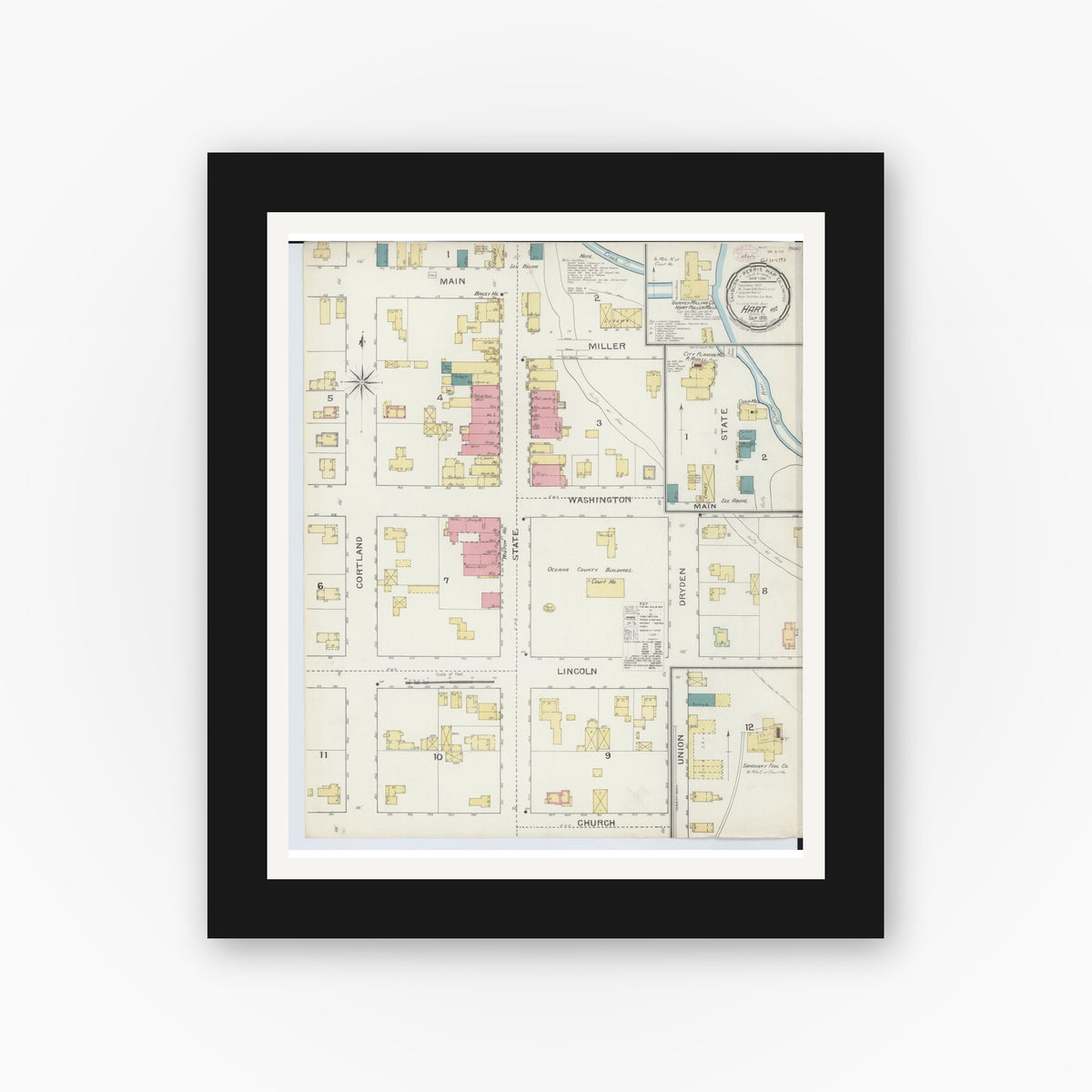 Old map wall art mockup — black gallery frame with white mat — Sanborn Fire Insurance Map from Hart, Oceana County, Michigan (1893), Sheet #0001