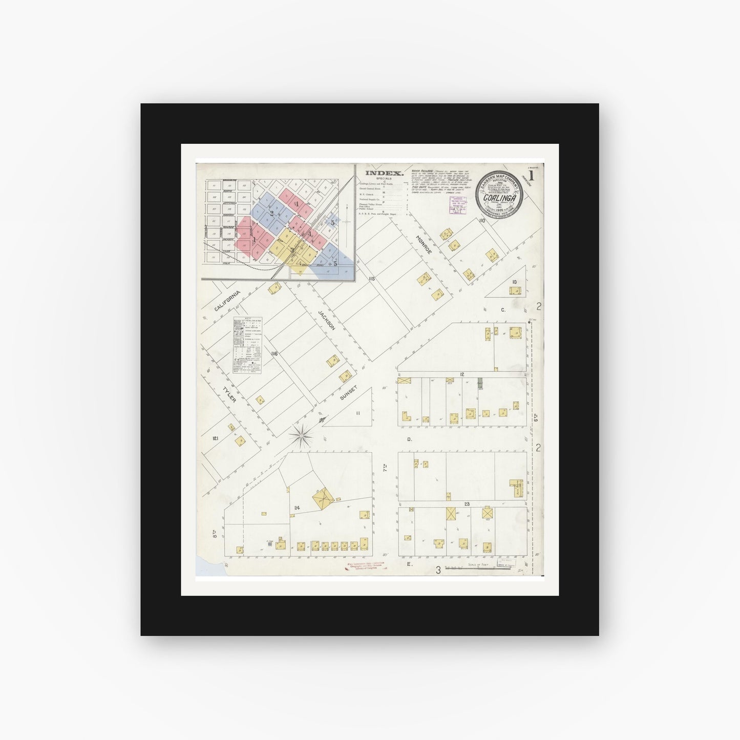 Old map wall art mockup — black gallery frame with white mat — Sanborn Fire Insurance Map from Coalinga, Fresno County, California (1905), Sheet #0001