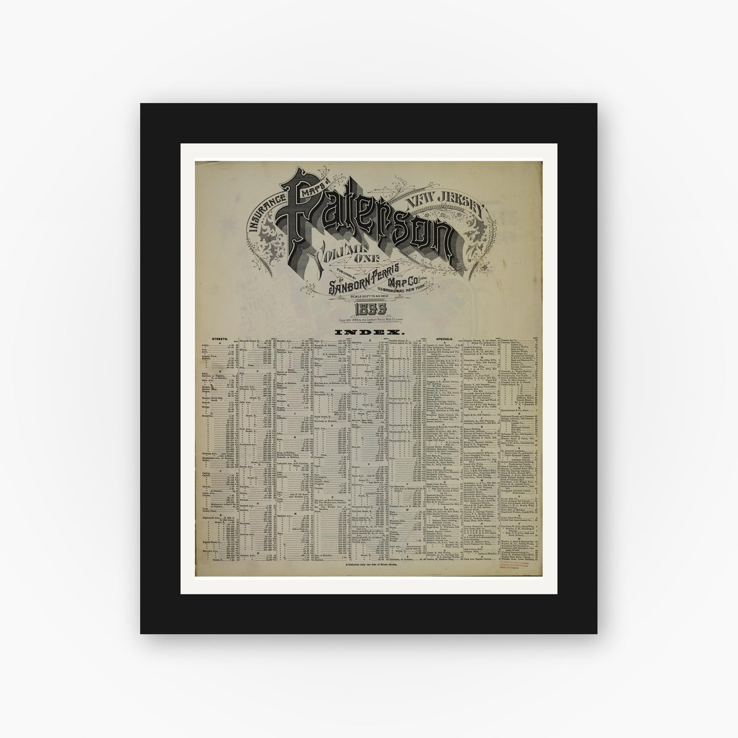 Old map wall art mockup — black gallery frame with white mat — Sanborn Fire Insurance Map from Paterson, Passaic County, New Jersey (1899) - Complete Map Set