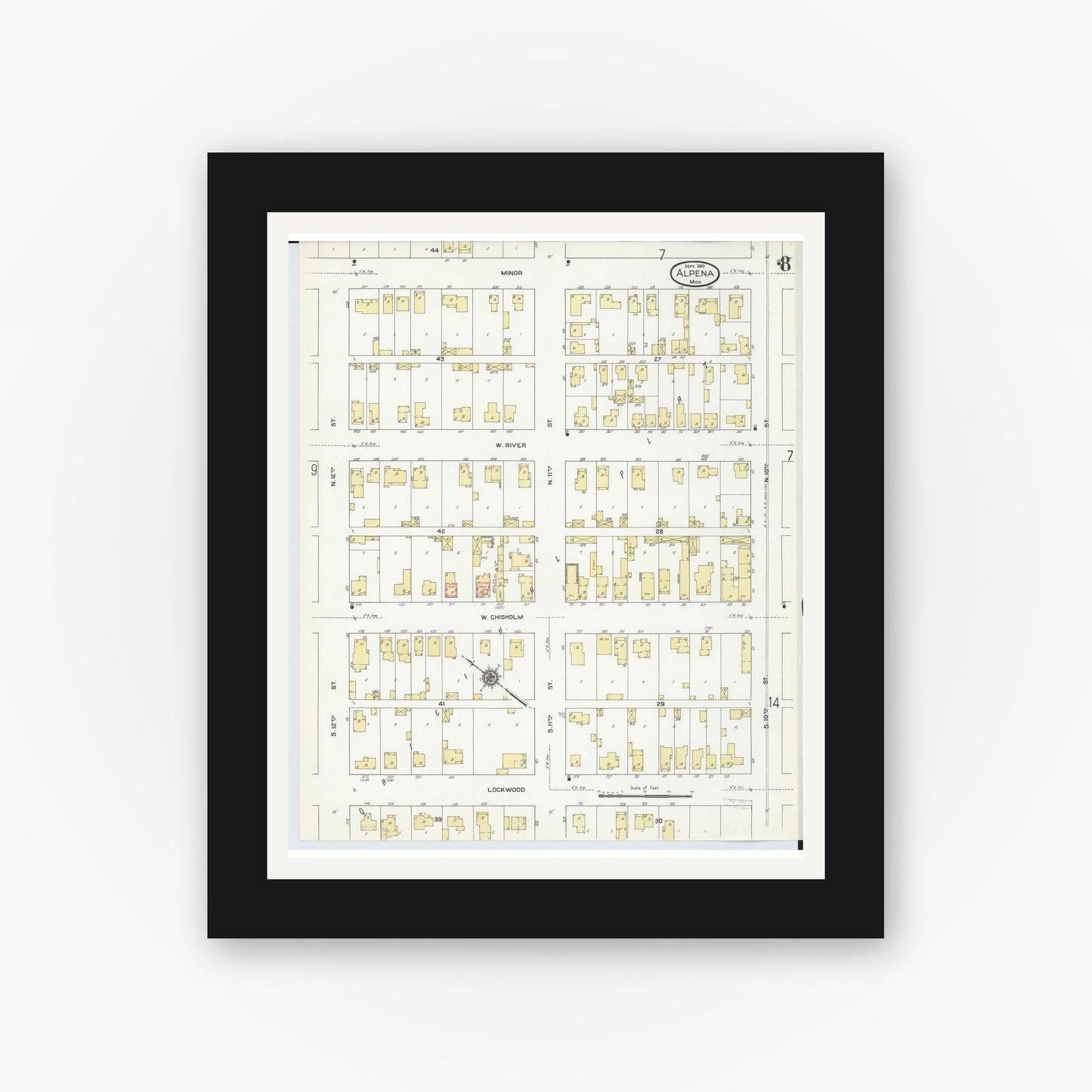 Old map wall art mockup — black gallery frame with white mat — Sanborn Fire Insurance Map from Alpena, Alpena County, Michigan (1910), Sheet #0008