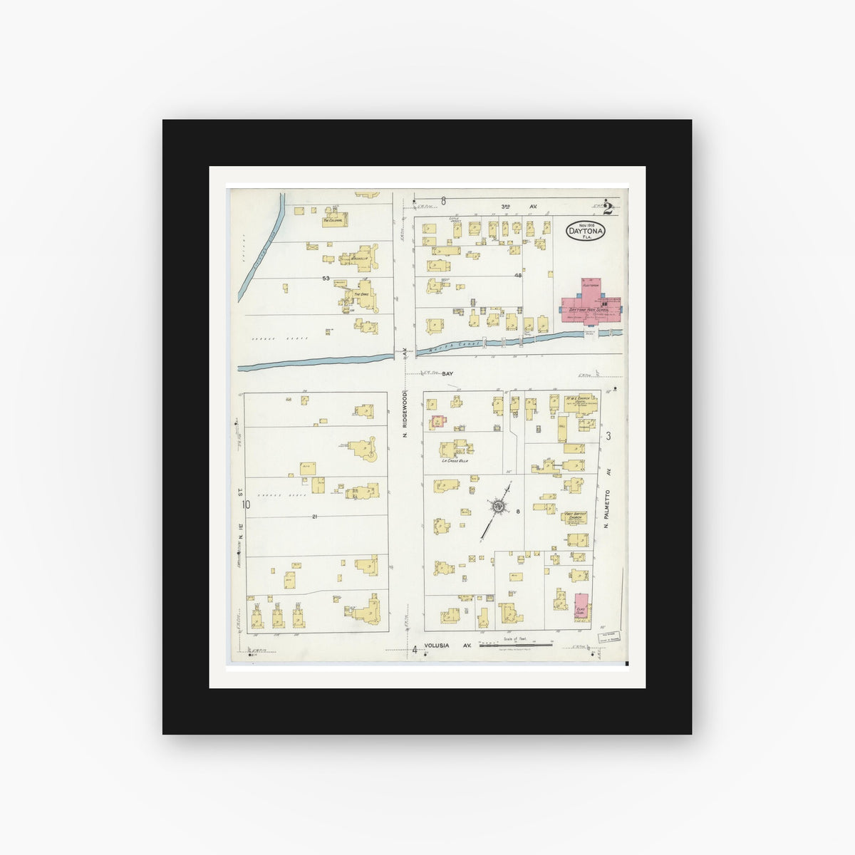 Old map wall art mockup — black gallery frame with white mat — Sanborn Fire Insurance Map from Daytona, Volusia County, Florida (1916), Sheet #0002