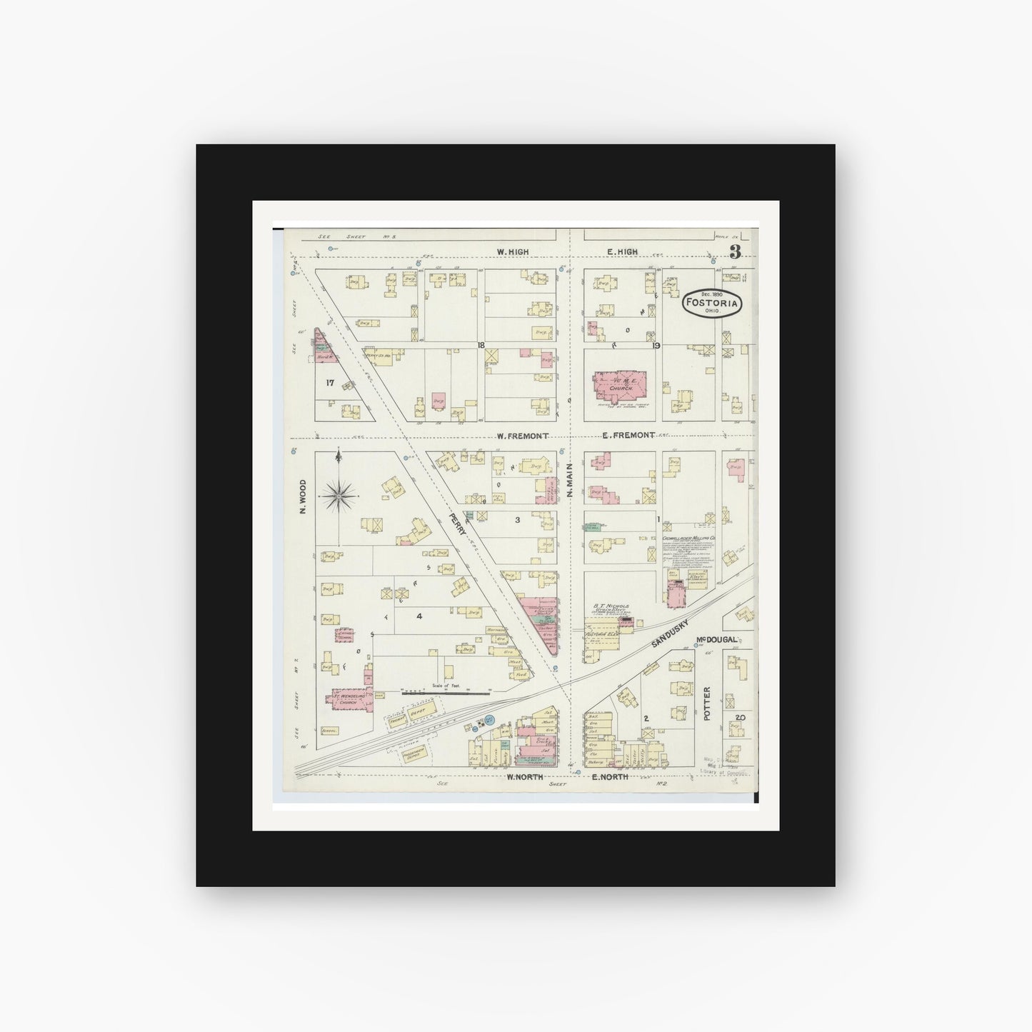 Old map wall art mockup — black gallery frame with white mat — Sanborn Fire Insurance Map from Fostoria, Seneca, Hancock, And Wood Counties, Ohio (1891), Sheet #0003