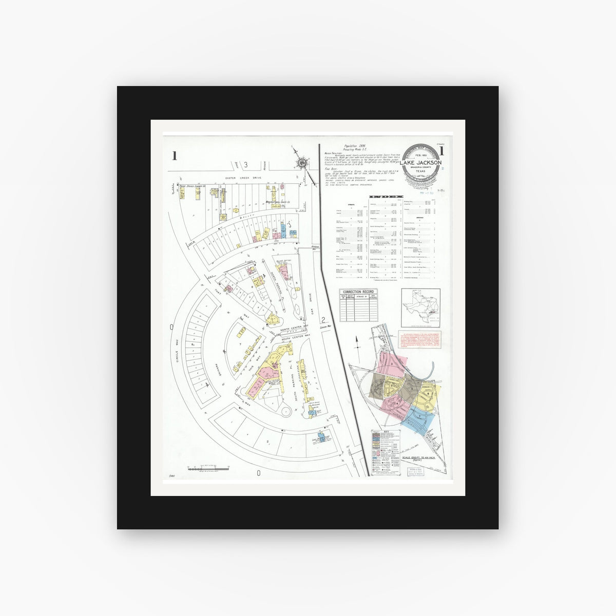 Old map wall art mockup — black gallery frame with white mat — Sanborn Fire Insurance Map from Lake Jackson, Brazoria County, Texas (1951) - Complete Map Set