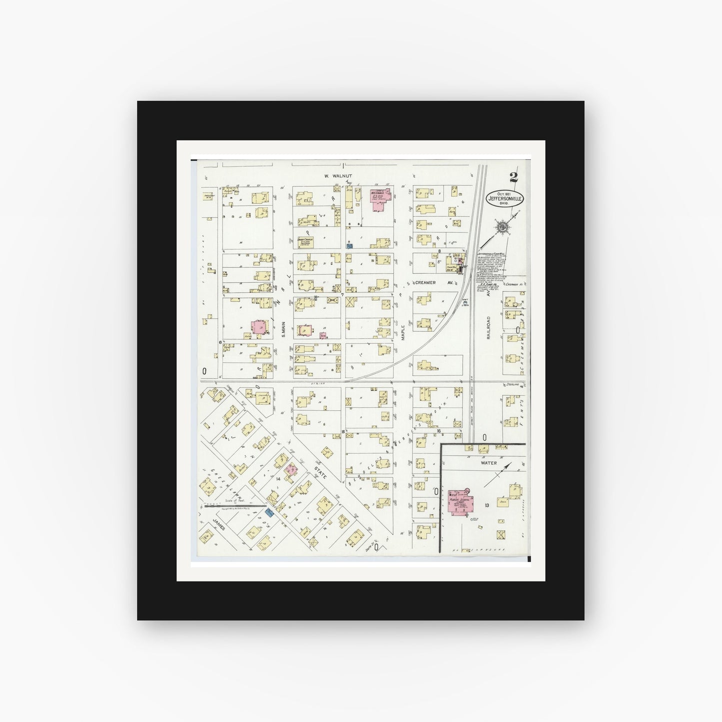 Old map wall art mockup — black gallery frame with white mat — Sanborn Fire Insurance Map from Jeffersonville, Fayette County, Ohio (1921), Sheet #0002