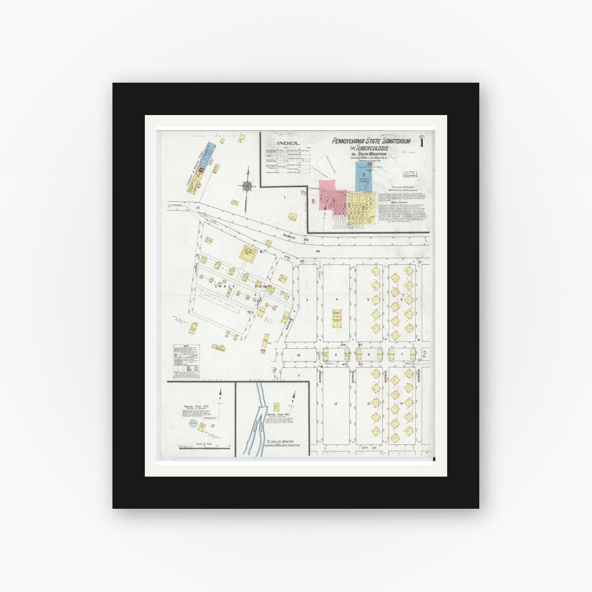 Old map wall art mockup — black gallery frame with white mat — Sanborn Fire Insurance Map from South Mountain, Franklin County, Pennsylvania (1910), Sheet #0001