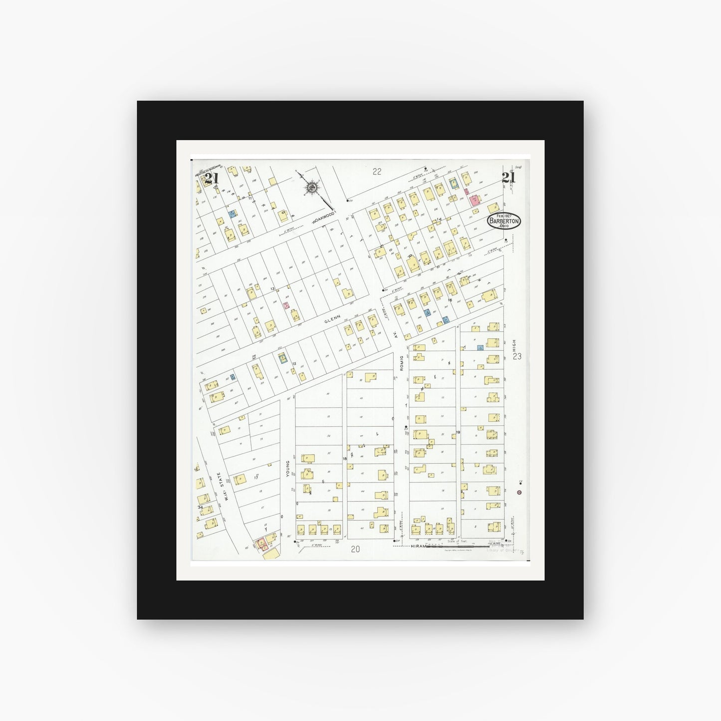 Old map wall art mockup — black gallery frame with white mat — Sanborn Fire Insurance Map from Barberton, Summit County, Ohio (1927), Sheet #0021