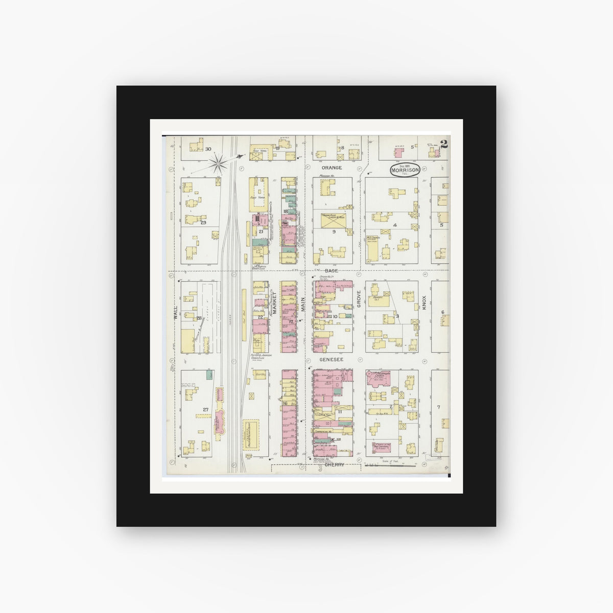 Old map wall art mockup — black gallery frame with white mat — Sanborn Fire Insurance Map from Morrison, Whiteside County, Illinois (1892), Sheet #0002