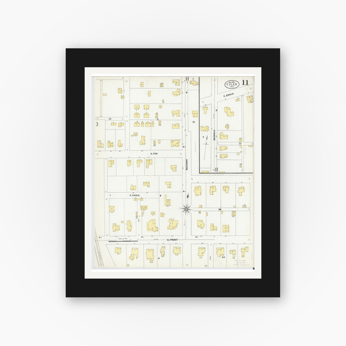 Old map wall art mockup — black gallery frame with white mat — Sanborn Fire Insurance Map from Tyler, Smith County, Texas (1902), Sheet #0011