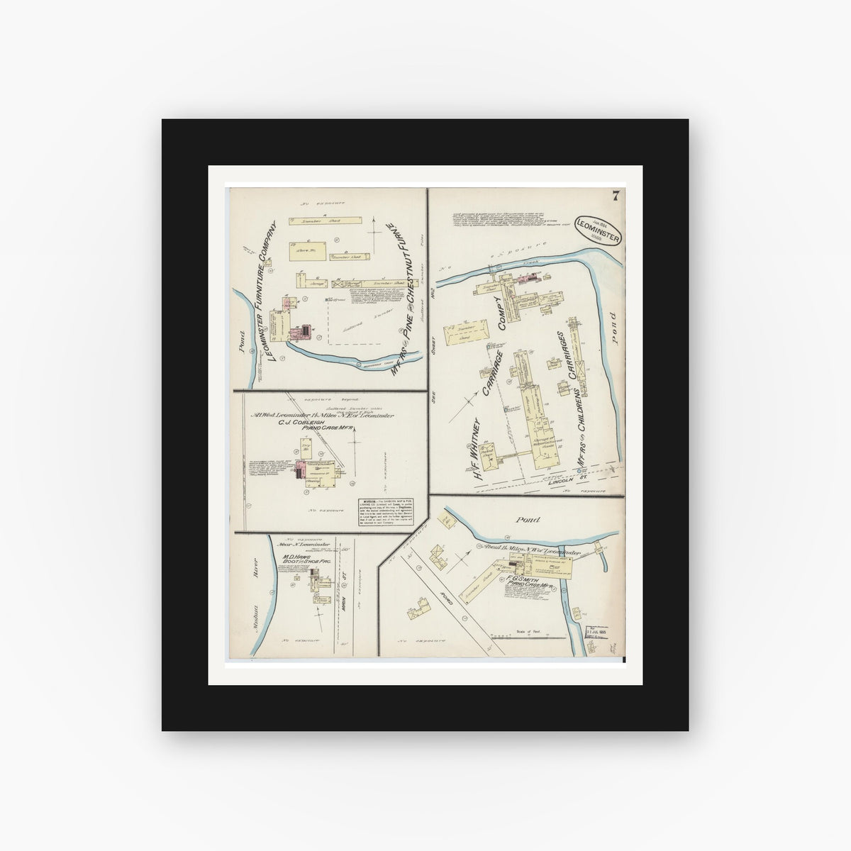 Old map wall art mockup — black gallery frame with white mat — Sanborn Fire Insurance Map from Leominster, Worcester County, Massachusetts (1884), Sheet #0007