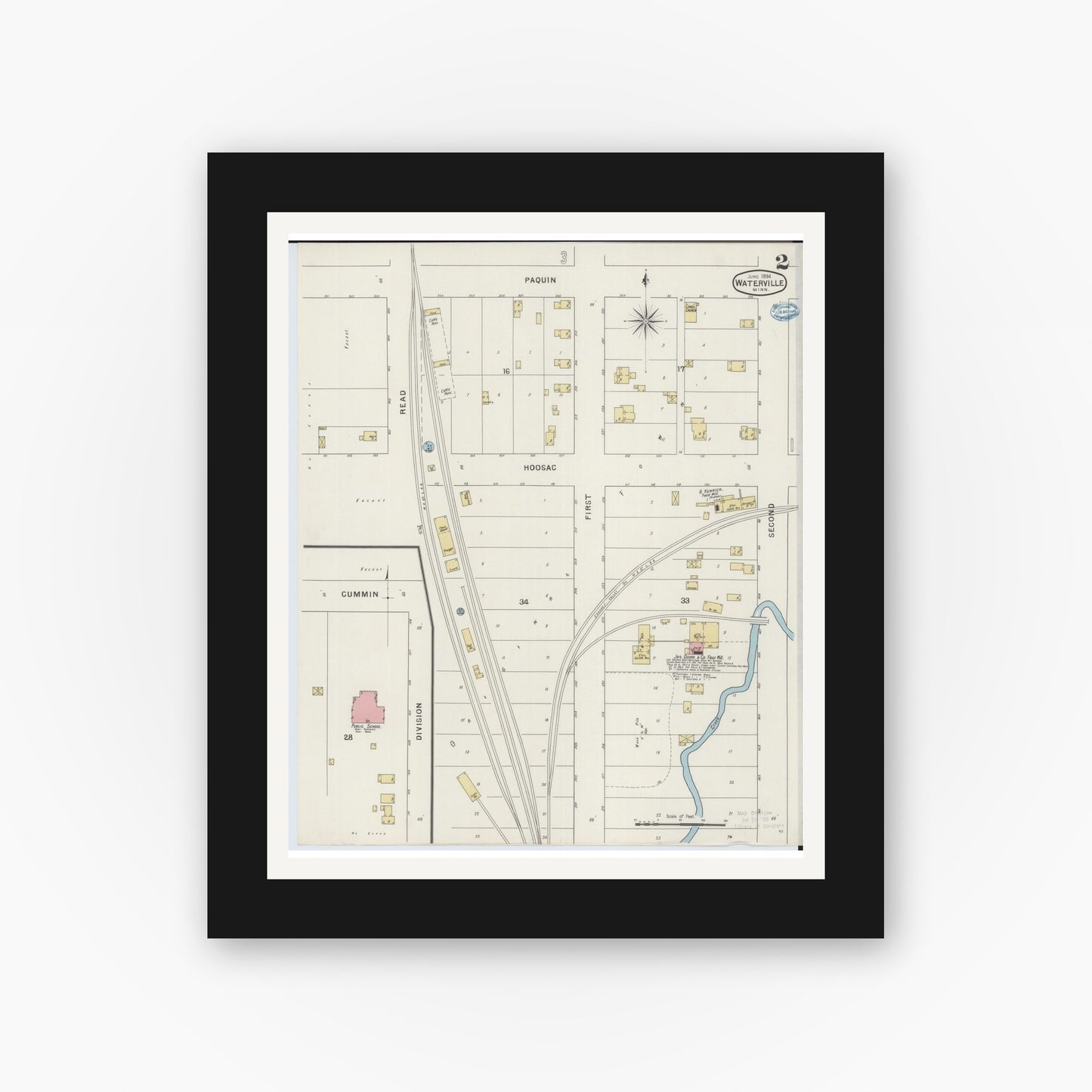 Old map wall art mockup — black gallery frame with white mat — Sanborn Fire Insurance Map from Waterville, Le Sueur County, Minnesota (1894), Sheet #0002