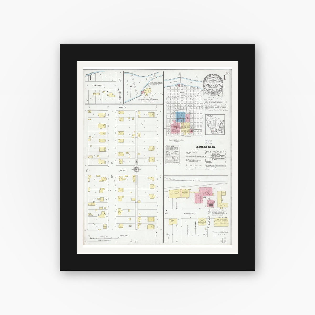 Old map wall art mockup — black gallery frame with white mat — Sanborn Fire Insurance Map from Muscoda, Grant County, Wisconsin (1927), Sheet #0001