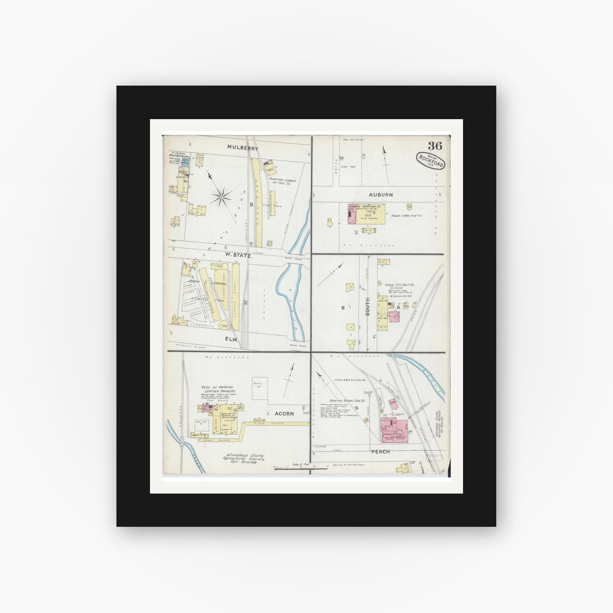 Old map wall art mockup — black gallery frame with white mat — Sanborn Fire Insurance Map from Rockford, Winnebago County, Illinois (1891), Sheet #0036
