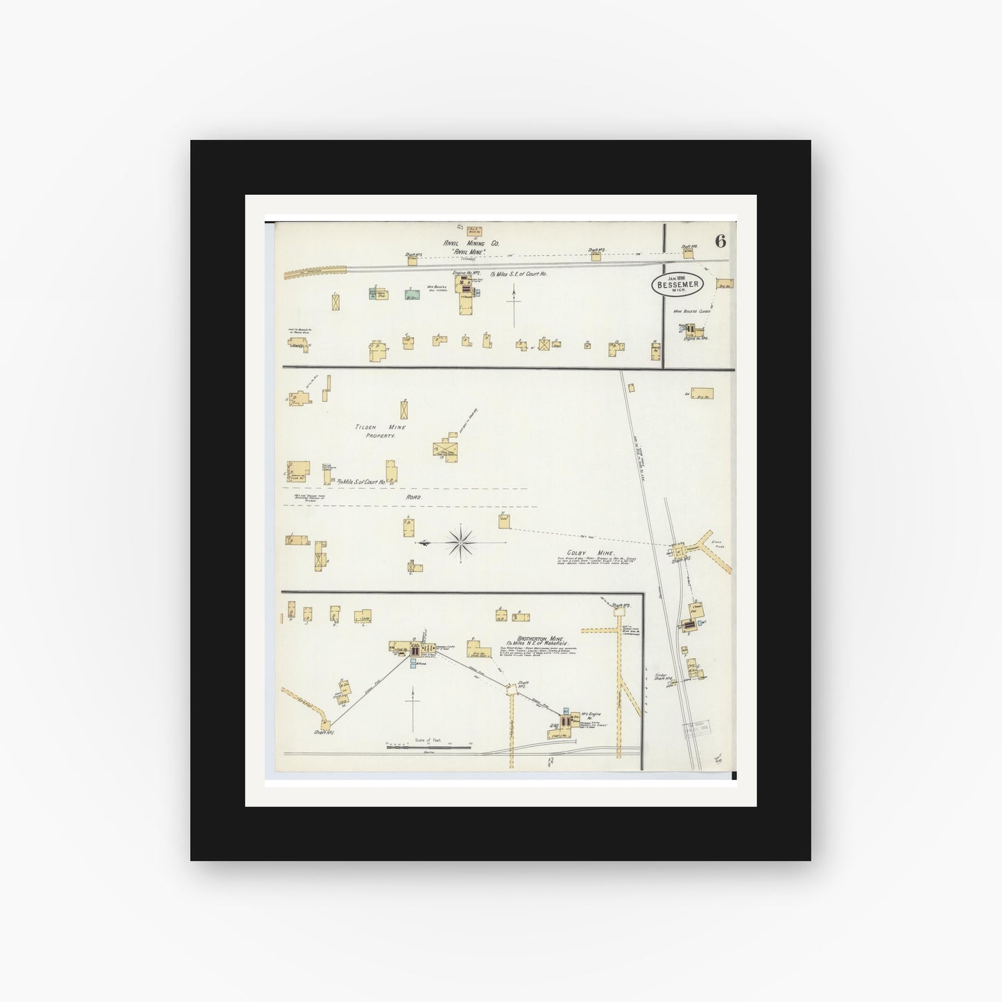 Old map wall art mockup — black gallery frame with white mat — Sanborn Fire Insurance Map from Bessemer, Gogebic County, Michigan (1898), Sheet #0006