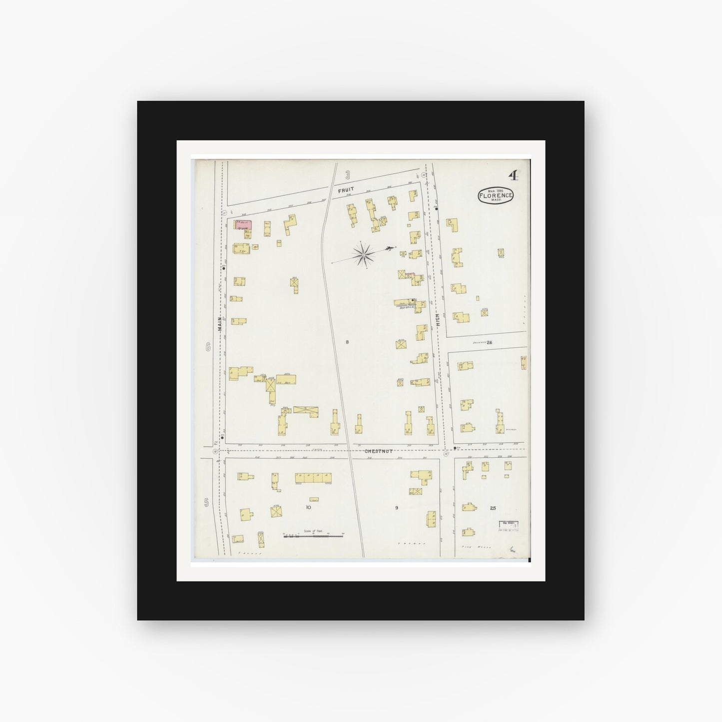 Old map wall art mockup — black gallery frame with white mat — Sanborn Fire Insurance Map from Florence, Hampshire County, Massachusetts (1895), Sheet #0004
