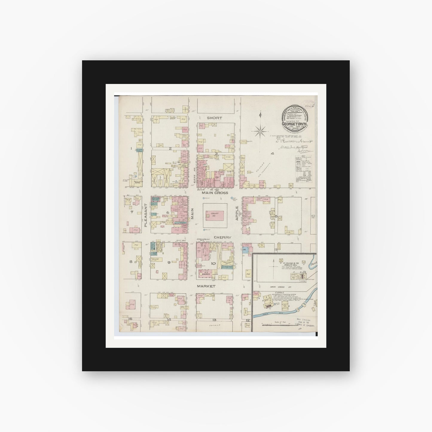Old map wall art mockup — black gallery frame with white mat — Sanborn Fire Insurance Map from Georgetown, Brown County, Ohio (1885), Sheet #0001