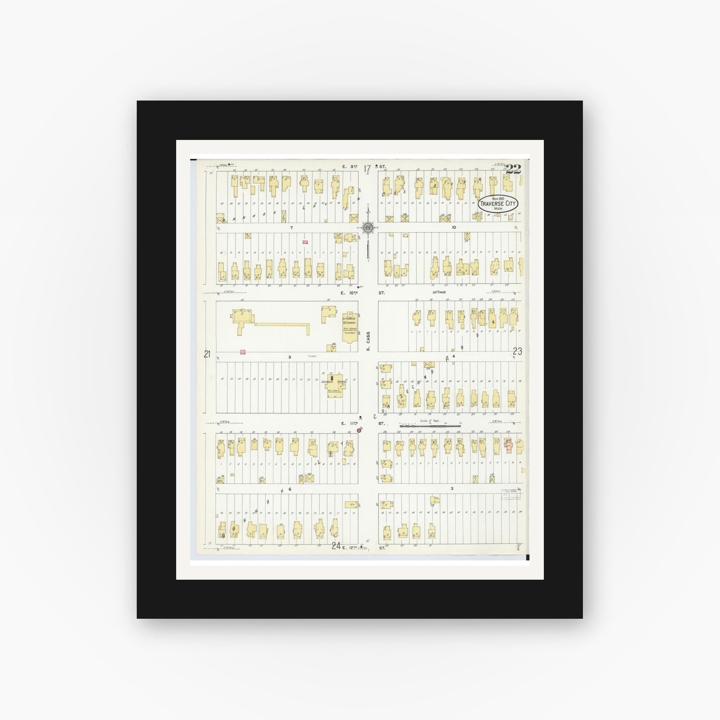 Old map wall art mockup — black gallery frame with white mat — Sanborn Fire Insurance Map from Traverse City, Grand Traverse County, Michigan (1910), Sheet #0022