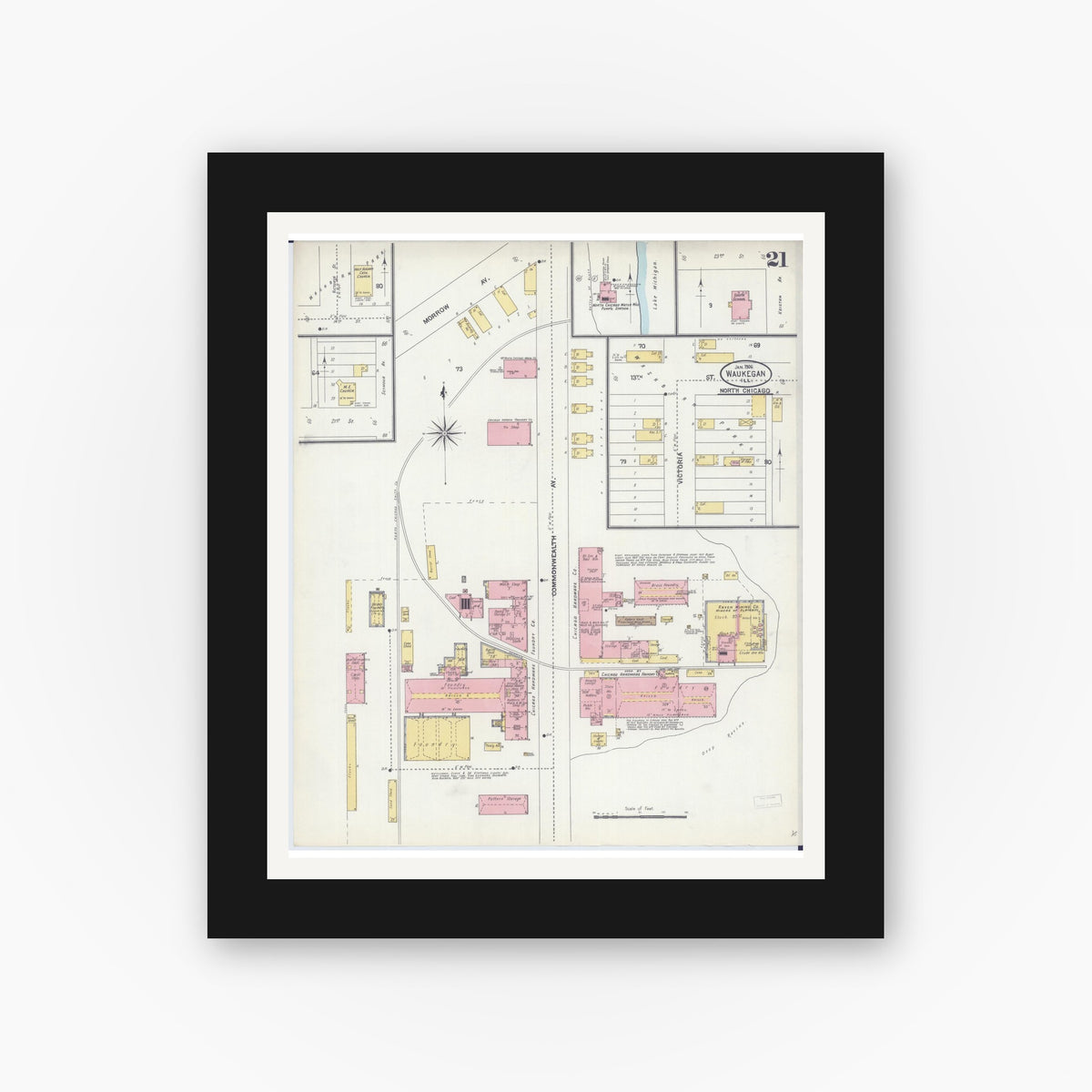 Old map wall art mockup — black gallery frame with white mat — Sanborn Fire Insurance Map from Waukegan, Lake County, Illinois (1906), Sheet #0021