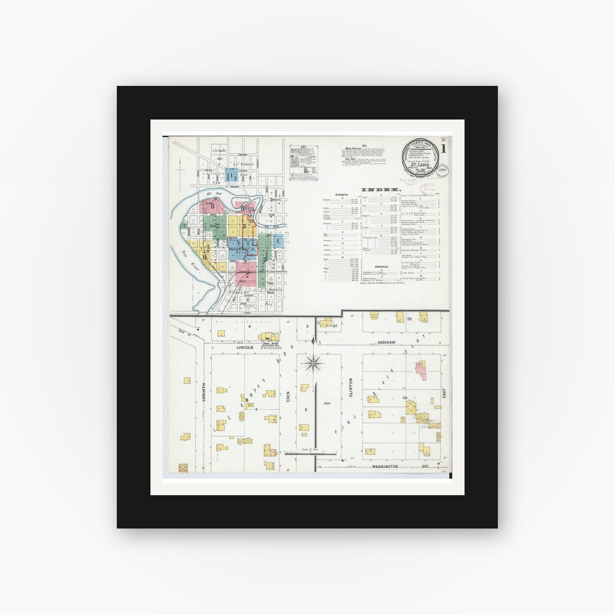 Old map wall art mockup — black gallery frame with white mat — Sanborn Fire Insurance Map from Saint Louis, Gratiot County, Michigan (1899), Sheet #0001
