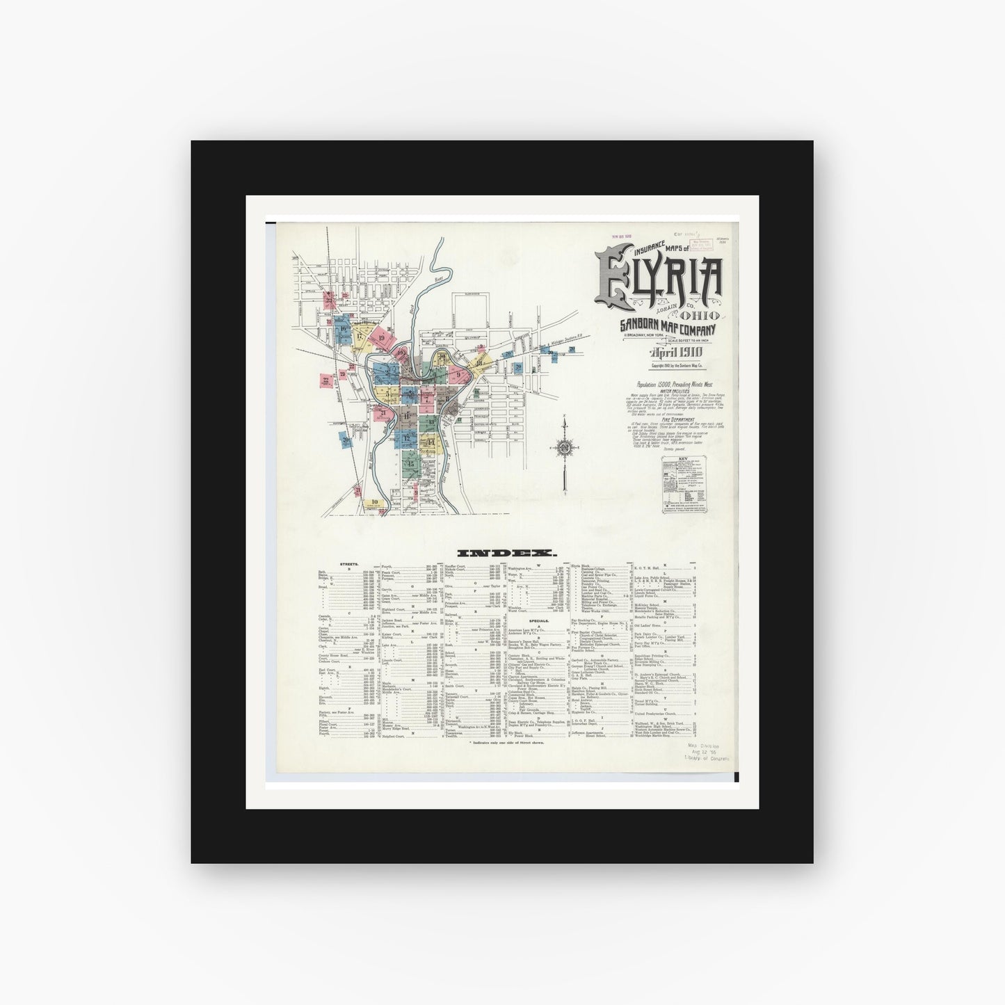 Old map wall art mockup — black gallery frame with white mat — Sanborn Fire Insurance Map from Elyria, Lorain County, Ohio (1910), Sheet #0001