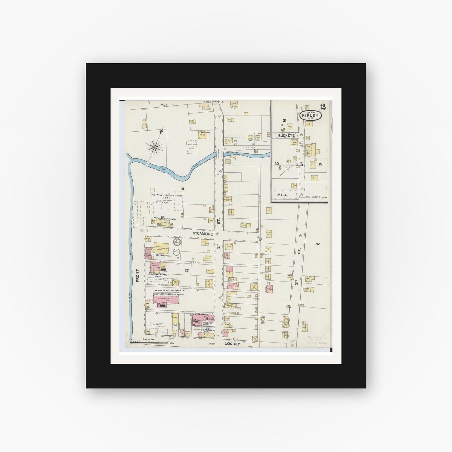 Old map wall art mockup — black gallery frame with white mat — Sanborn Fire Insurance Map from Ripley, Brown County, Ohio (1890), Sheet #0002