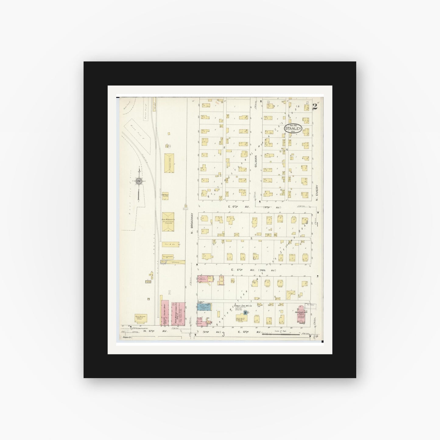 Old map wall art mockup — black gallery frame with white mat — Sanborn Fire Insurance Map from Stanley, Chippewa County, Wisconsin (1912), Sheet #0002