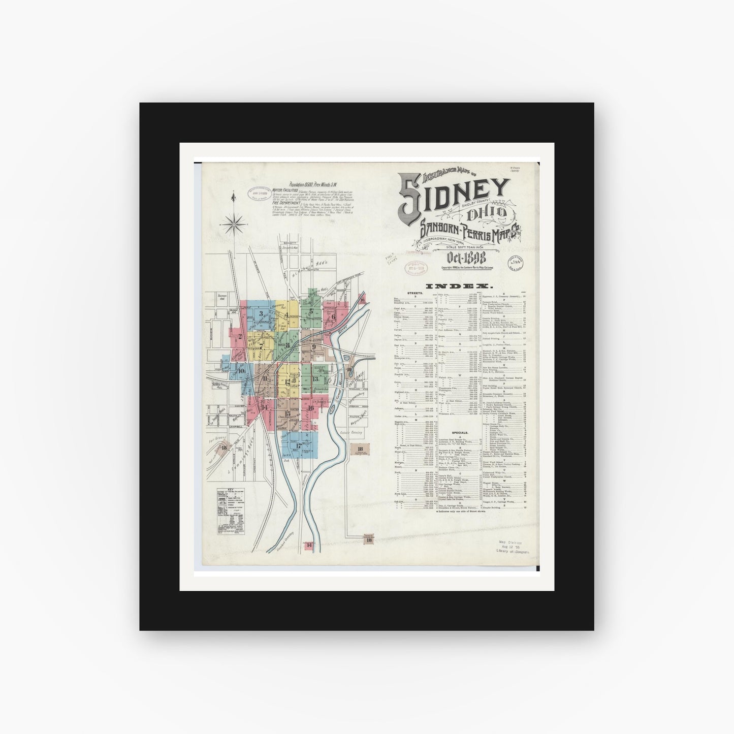 Old map wall art mockup — black gallery frame with white mat — Sanborn Fire Insurance Map from Sidney, Shelby County, Ohio (1898), Sheet #0001