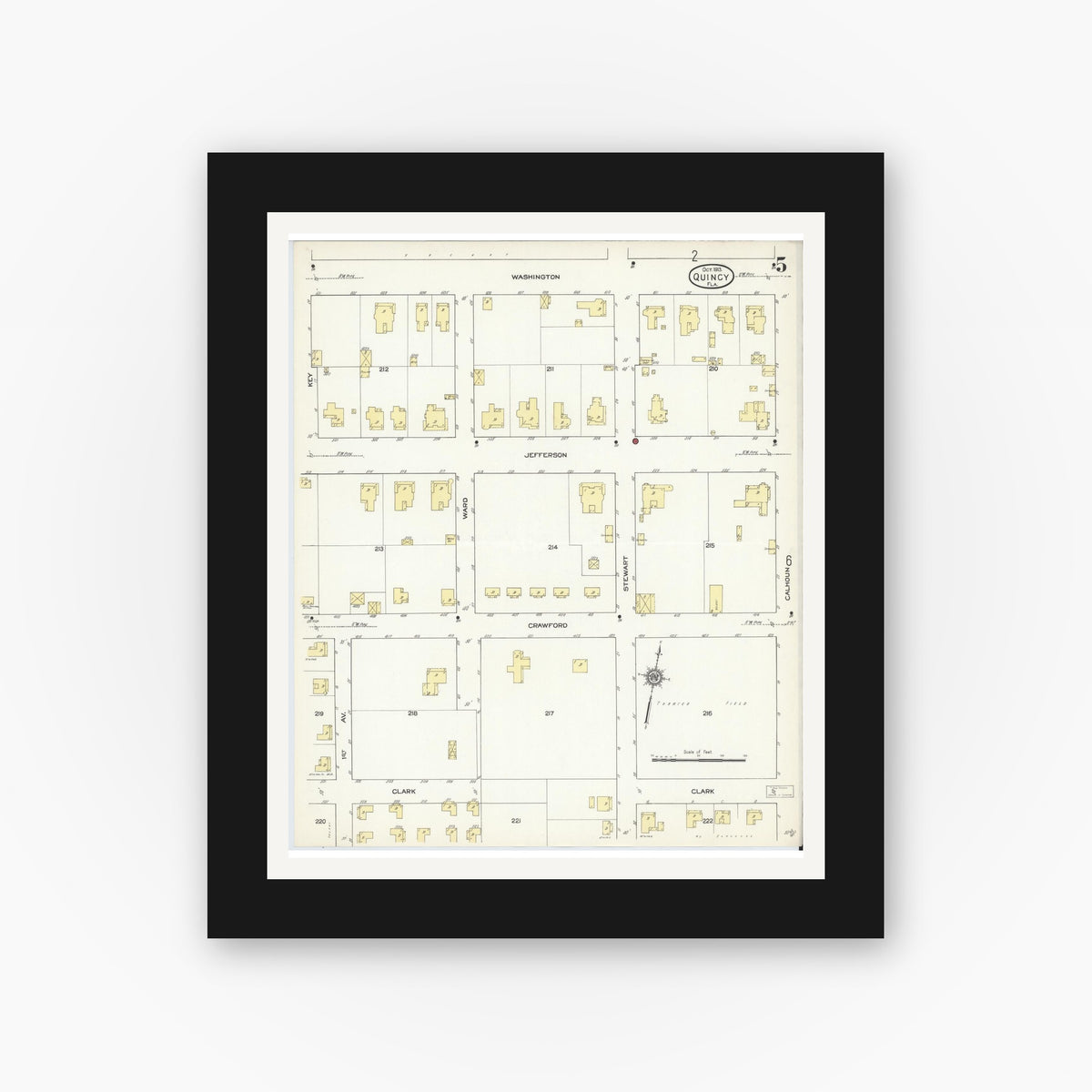 Old map wall art mockup — black gallery frame with white mat — Sanborn Fire Insurance Map from Quincy, Gadsden County, Florida (1913), Sheet #0005