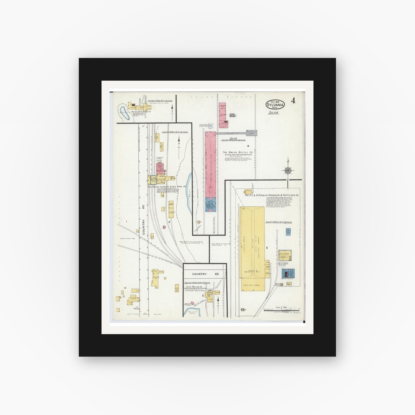 Old map wall art mockup — black gallery frame with white mat — Sanborn Fire Insurance Map from Sylvania, Lucas County, Ohio (1919), Sheet #0004