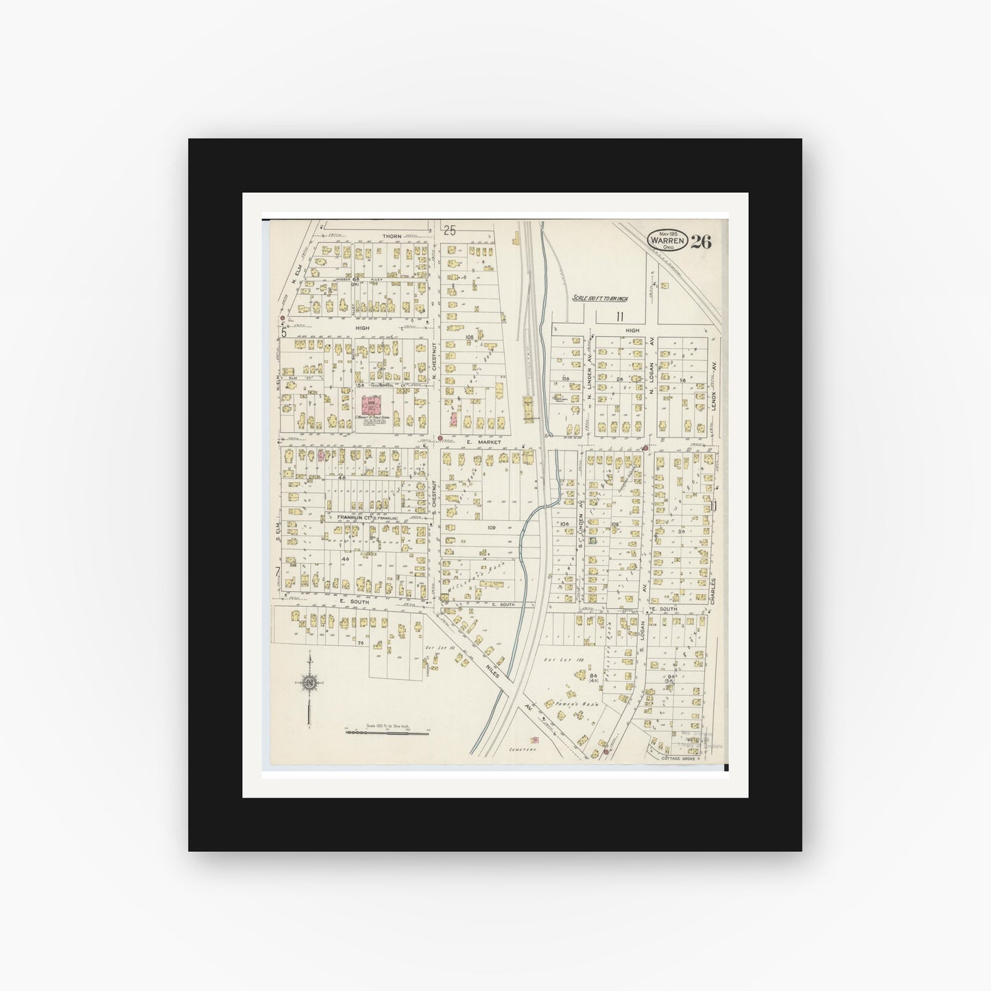Old map wall art mockup — black gallery frame with white mat — Sanborn Fire Insurance Map from Warren, Trumbull County, Ohio (1915), Sheet #0026