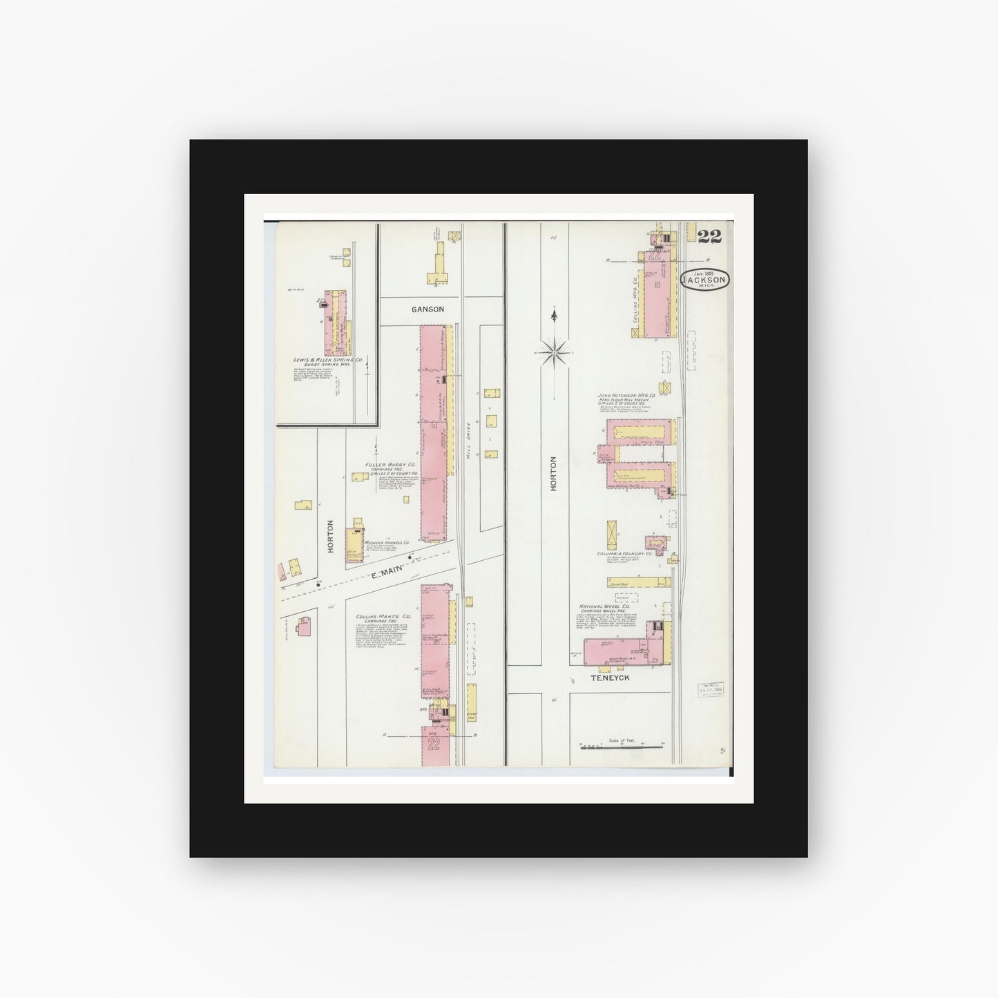 Old map wall art mockup — black gallery frame with white mat — Sanborn Fire Insurance Map from Jackson, Jackson County, Michigan (1893), Sheet #0022