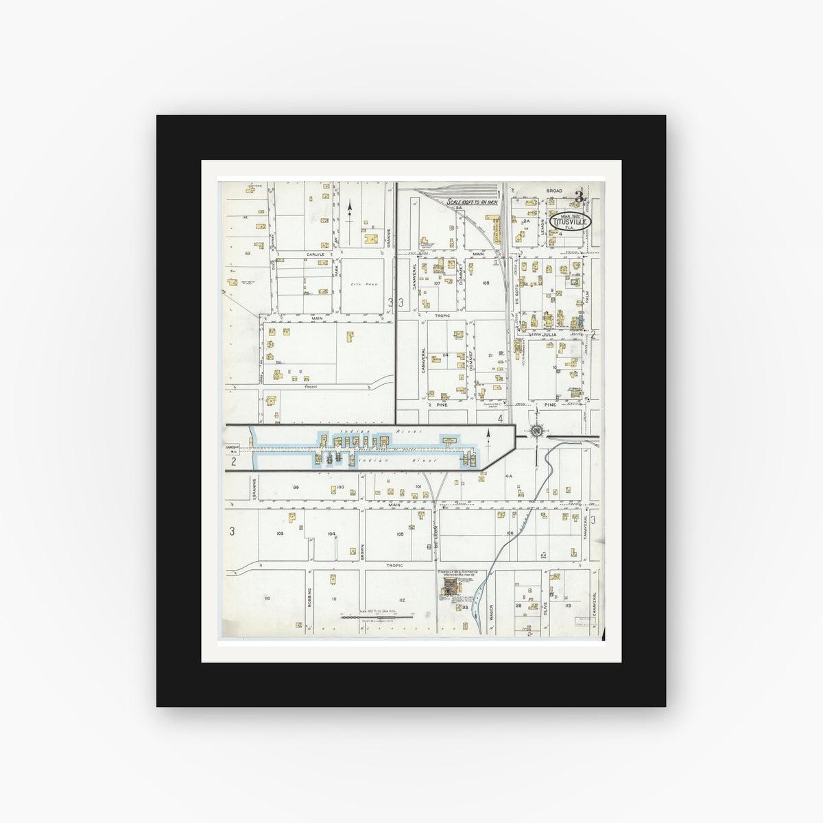 Old map wall art mockup — black gallery frame with white mat — Sanborn Fire Insurance Map from Titusville, Brevard County, Florida (1920), Sheet #0003