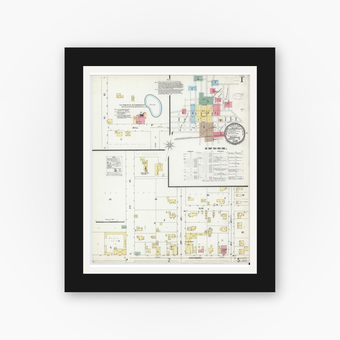 Old map wall art mockup — black gallery frame with white mat — Sanborn Fire Insurance Map from Boonville, Warrick County, Indiana (1899), Sheet #0001
