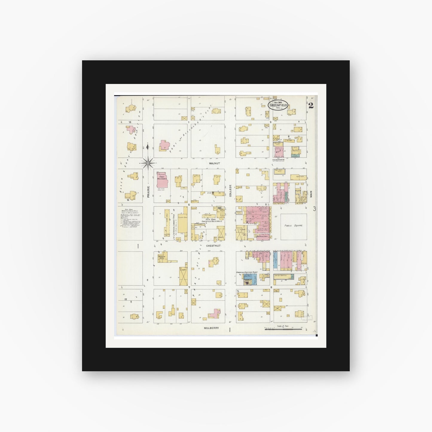 Old map wall art mockup — black gallery frame with white mat — Sanborn Fire Insurance Map from Greenfield, Greene County, Illinois (1906), Sheet #0002