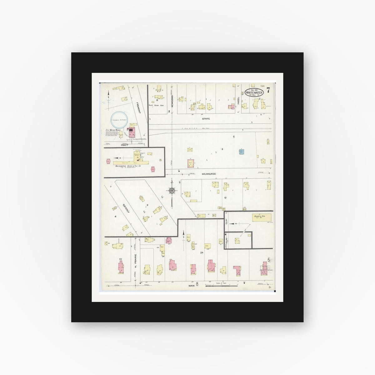 Old map wall art mockup — black gallery frame with white mat — Sanborn Fire Insurance Map from Whitewater, Walworth County, Wisconsin (1912), Sheet #0007