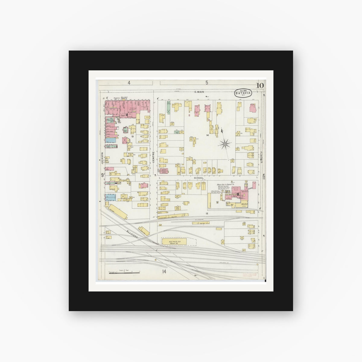 Old map wall art mockup — black gallery frame with white mat — Sanborn Fire Insurance Map from Batavia, Genesee County, New York (1896), Sheet #0010