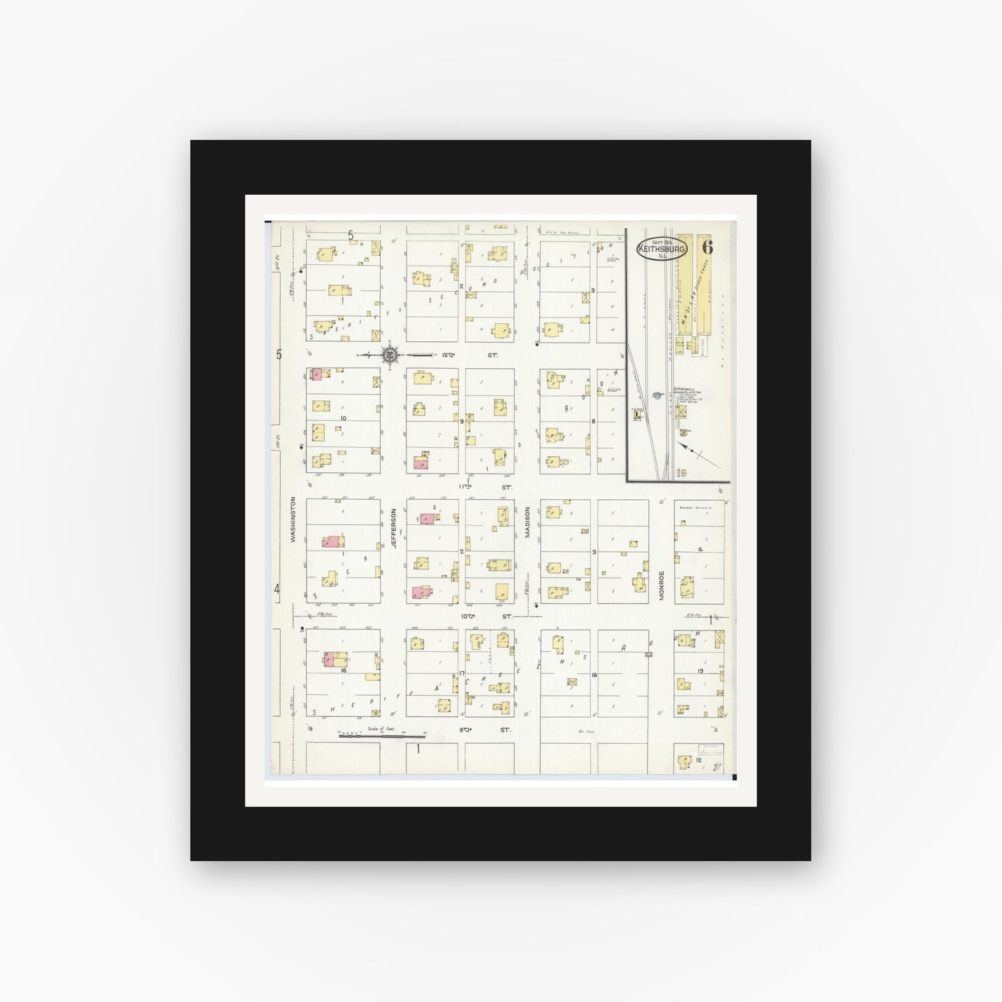 Old map wall art mockup — black gallery frame with white mat — Sanborn Fire Insurance Map from Keithsburg, Mercer County, Illinois (1913), Sheet #0006