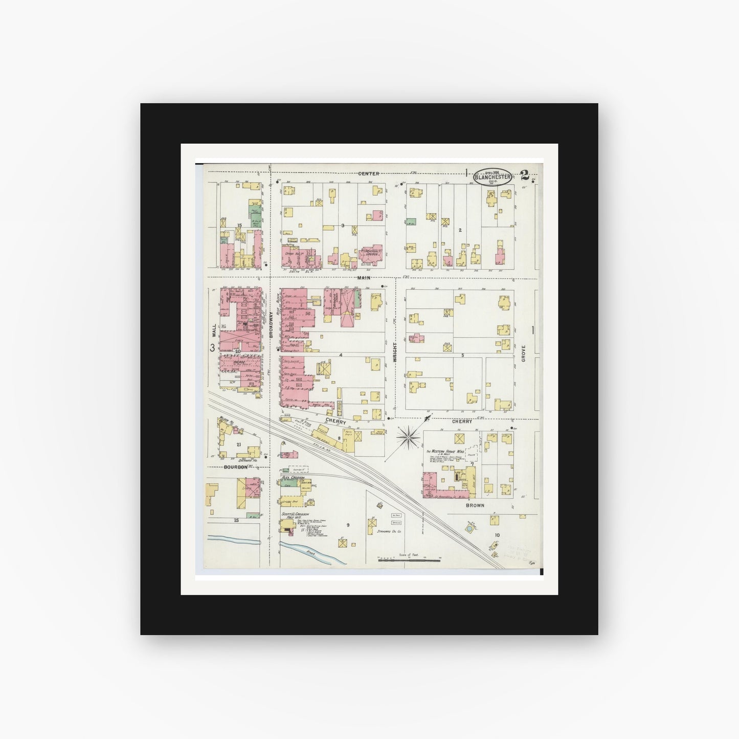 Old map wall art mockup — black gallery frame with white mat — Sanborn Fire Insurance Map from Blanchester, Clinton County, Ohio (1898), Sheet #0002