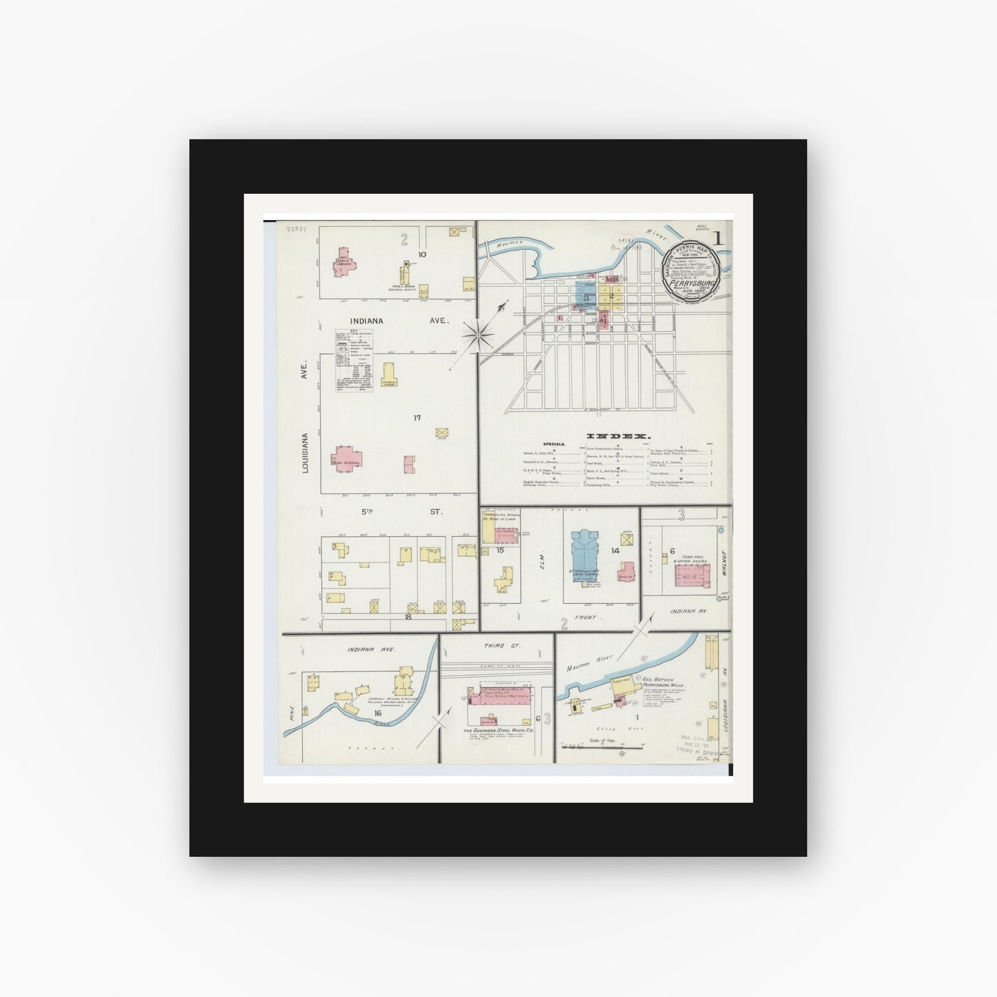 Old map wall art mockup β black gallery frame with white mat β Sanborn Fire Insurance Map from Perrysburg, Wood County, Ohio (1893) - Complete Map Set