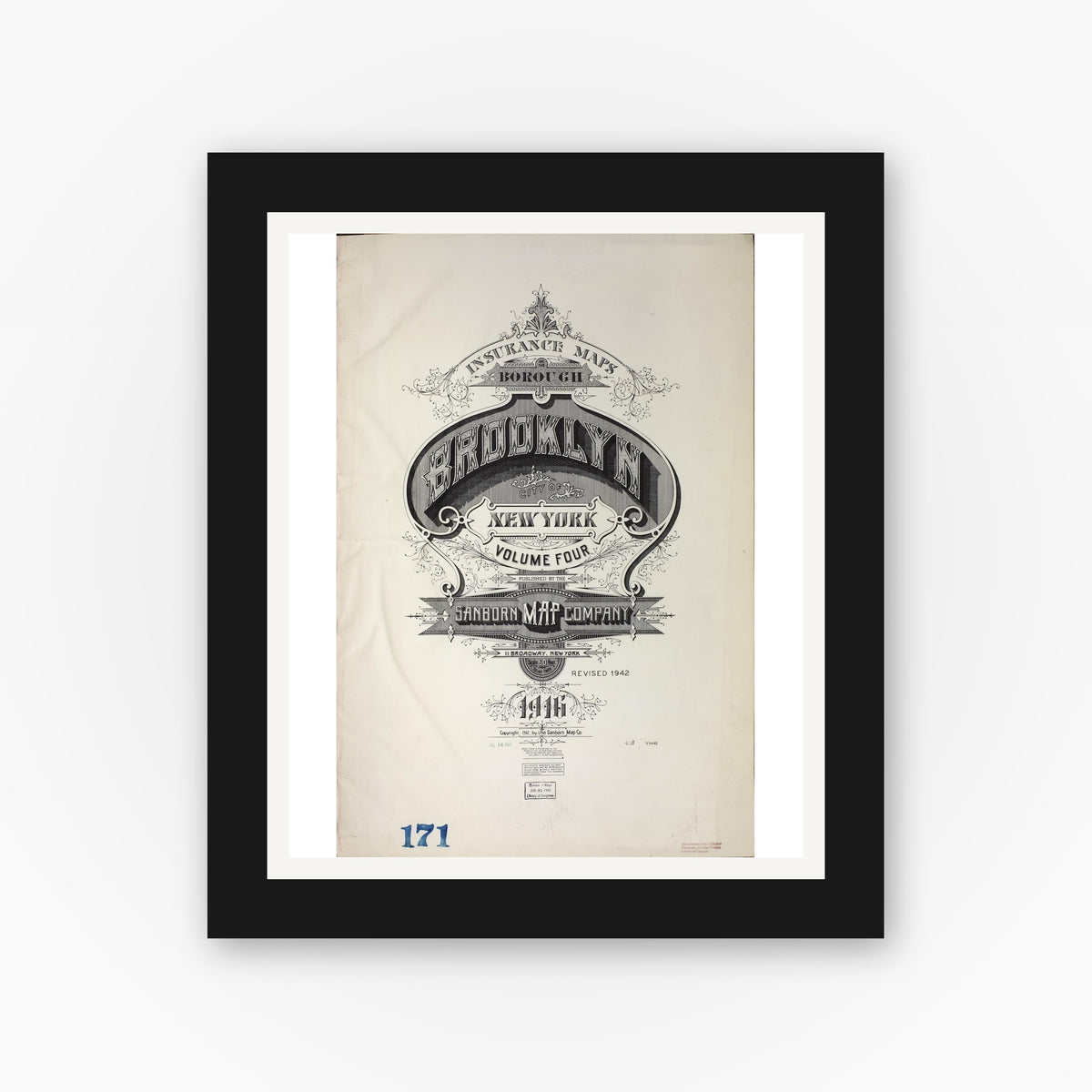 Old map wall art mockup — black gallery frame with white mat — Sanborn Fire Insurance Map from Brooklyn, Kings County, New York (1942), Sheet #0001