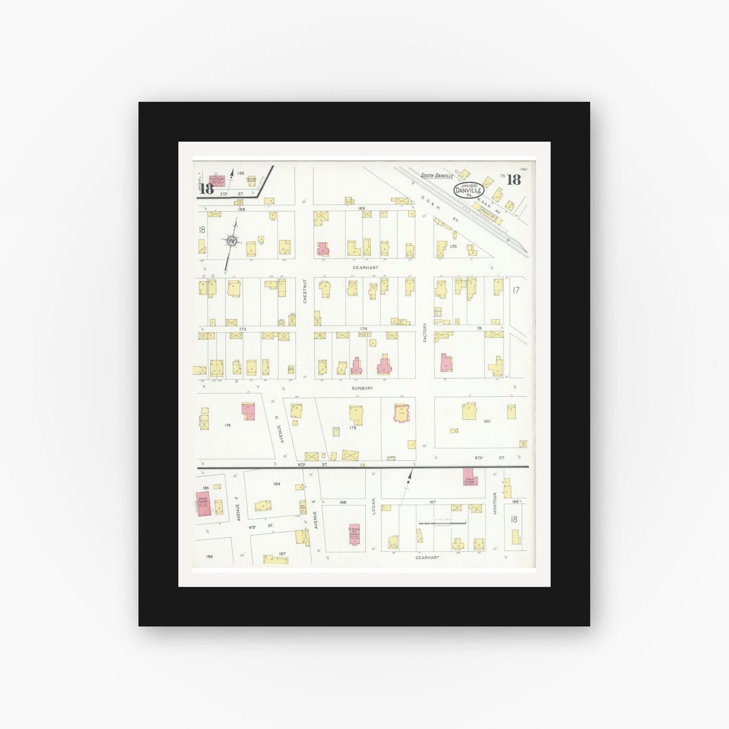 Old map wall art mockup — black gallery frame with white mat — Sanborn Fire Insurance Map from Danville, Montour County, Pennsylvania (1930), Sheet #0018