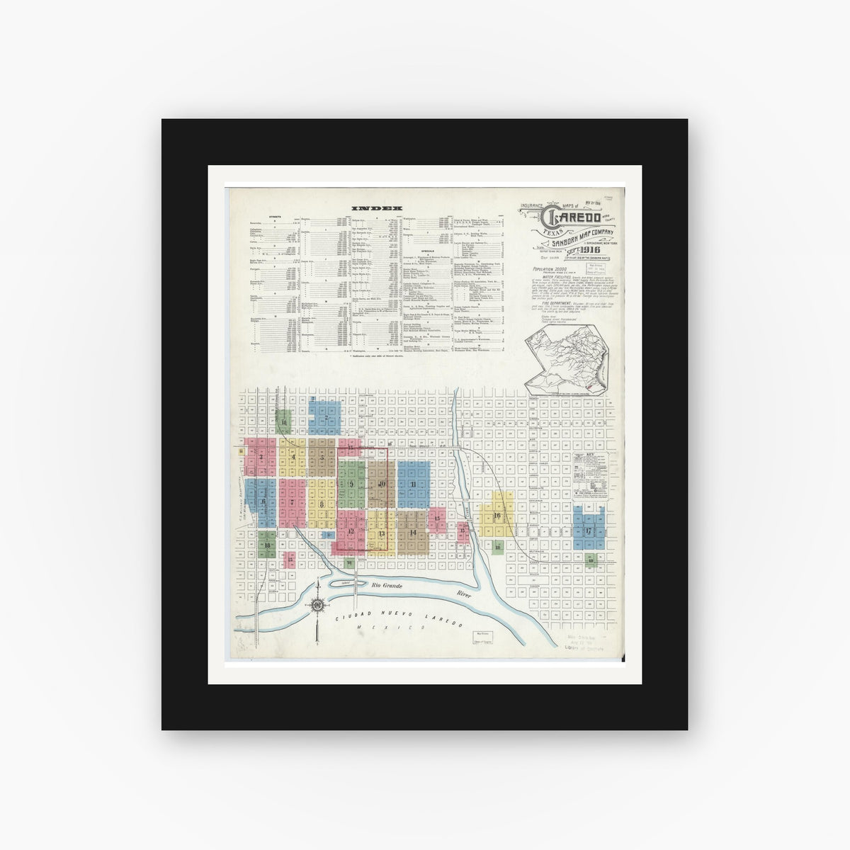 Old map wall art mockup — black gallery frame with white mat — Sanborn Fire Insurance Map from Laredo, Webb County, Texas (1916) - Complete Map Set