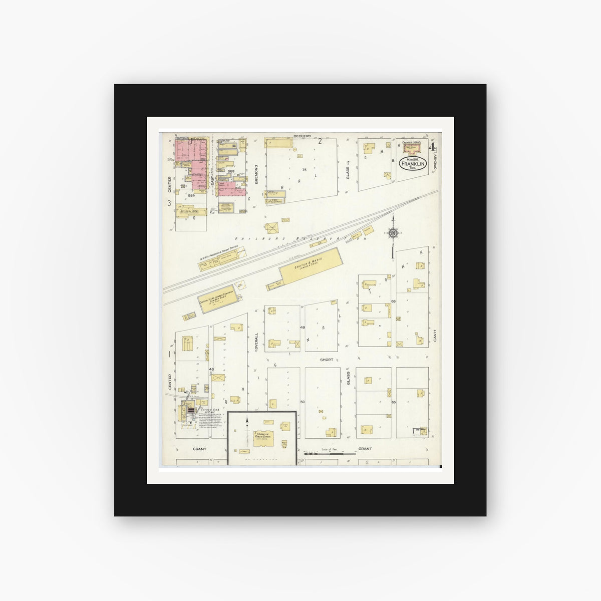 Old map wall art mockup — black gallery frame with white mat — Sanborn Fire Insurance Map from Franklin, Robertson County, Texas (1916), Sheet #0004