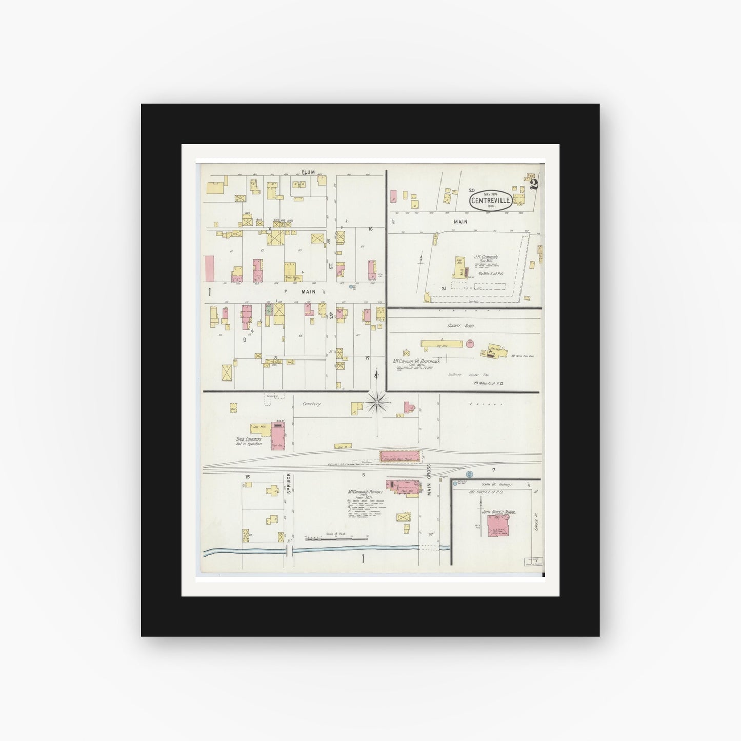 Old map wall art mockup — black gallery frame with white mat — Sanborn Fire Insurance Map from Centerville, Wayne County, Indiana (1896), Sheet #0002