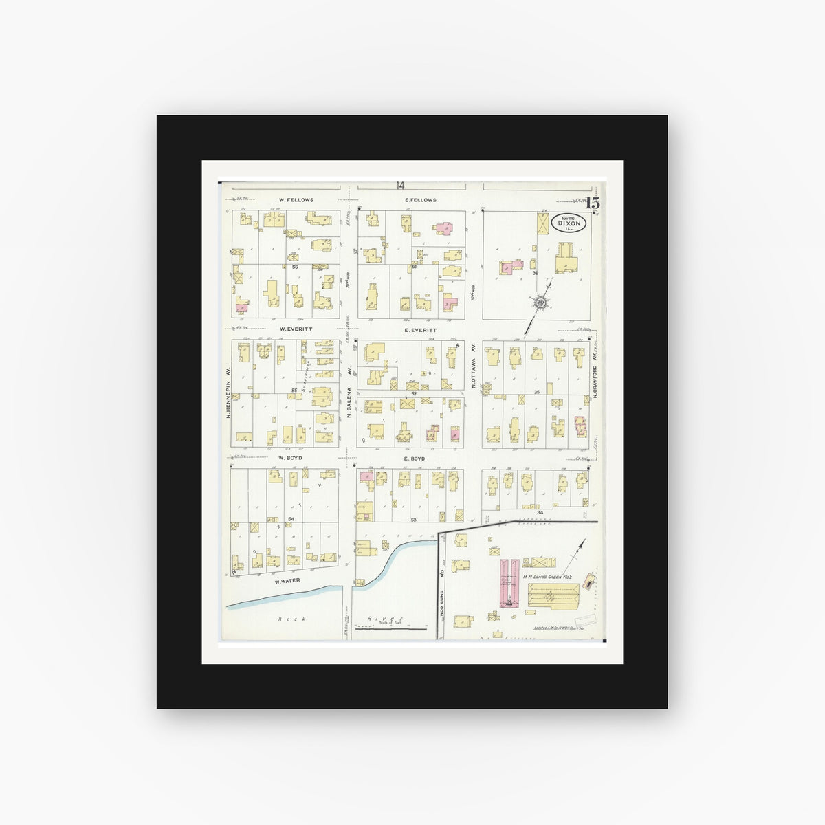 Old map wall art mockup — black gallery frame with white mat — Sanborn Fire Insurance Map from Dixon, Lee County, Illinois (1910), Sheet #0015