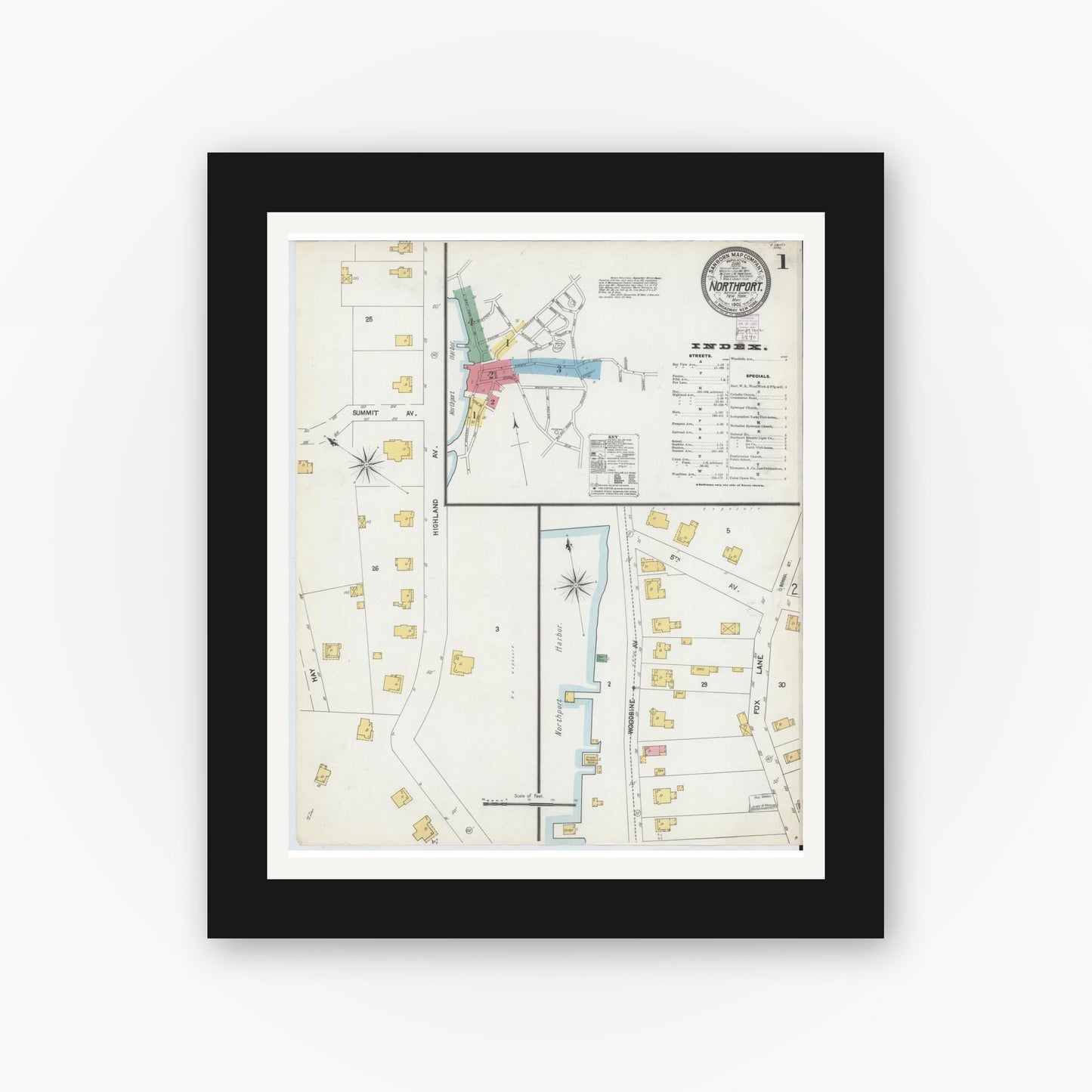Old map wall art mockup — black gallery frame with white mat — Sanborn Fire Insurance Map from Northport, Suffolk County, New York (1902), Sheet #0001