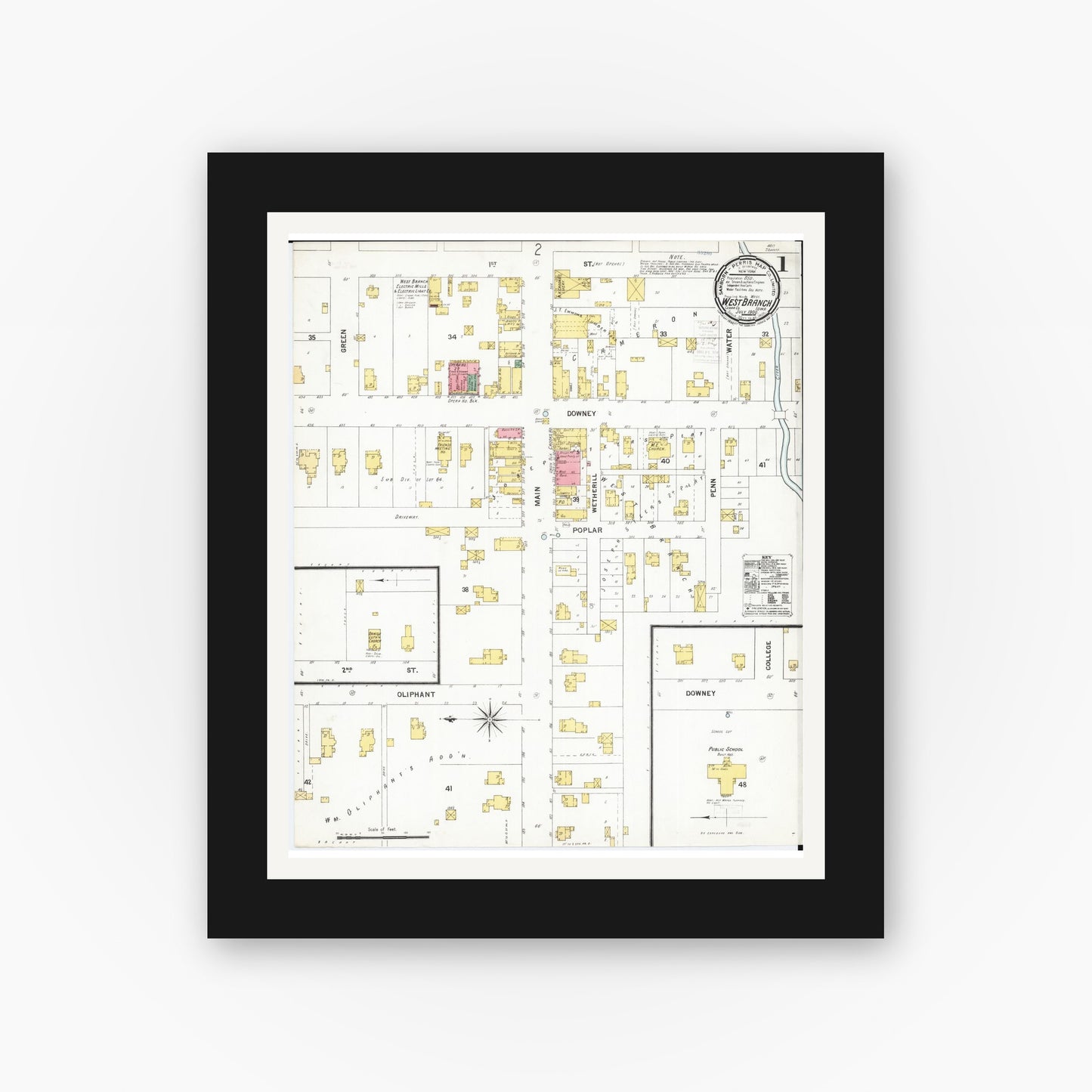 Old map wall art mockup — black gallery frame with white mat — Sanborn Fire Insurance Map from West Branch, Cedar County, Iowa (1900), Sheet #0001
